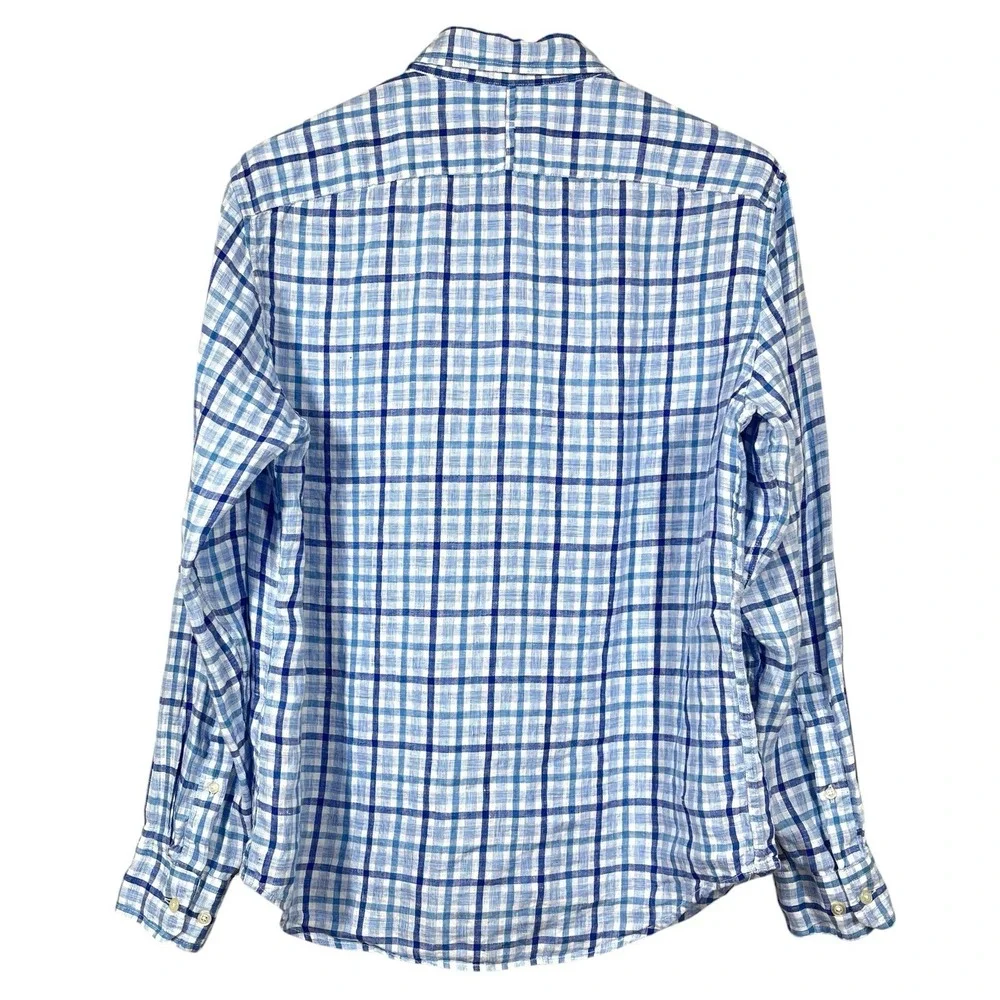 Banana Republic Camden Linen Shirt Mens M Standard Fit Blue Plaid Long Sleeve